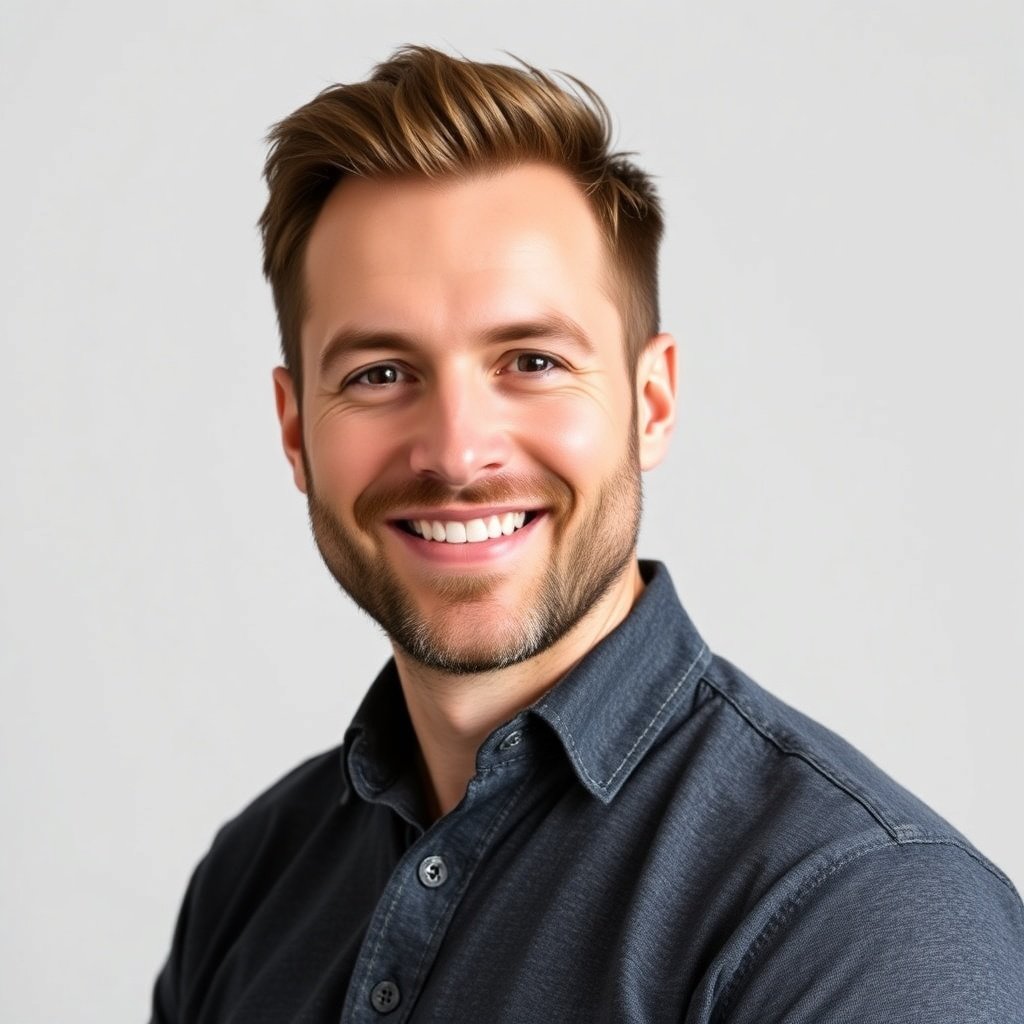portrait headshot of a friendly male nutritionist, neutral studio background, professional photograp