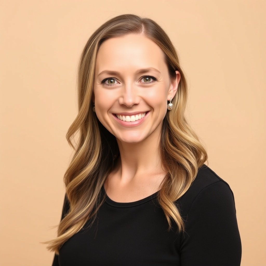 portrait headshot of a smiling female dietitian, neutral studio background, professional photography