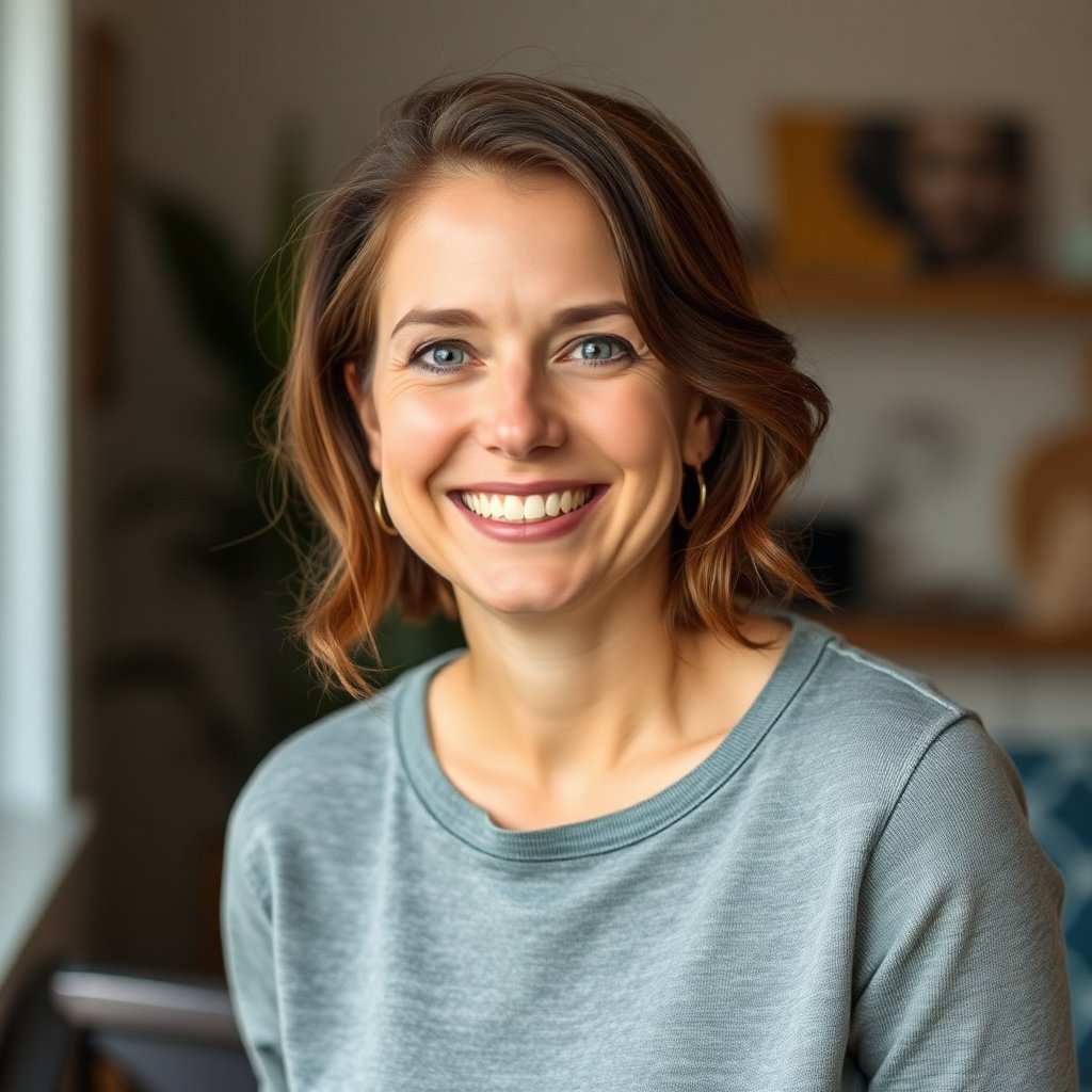 friendly portrait headshot of a smiling woman in her 30s, soft natural light, lifestyle photography