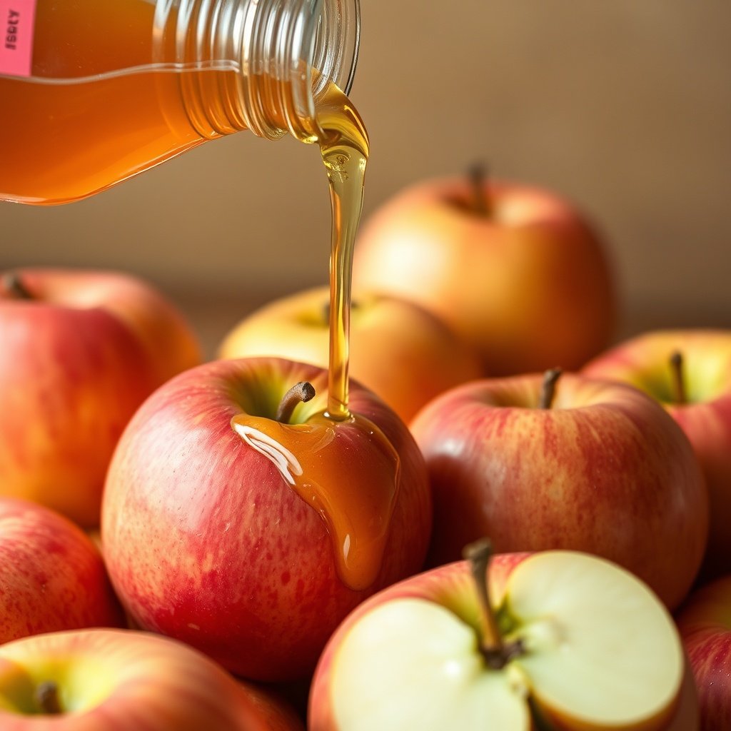 fresh apple cider vinegar pouring over whole apples, natural food photography, warm tones