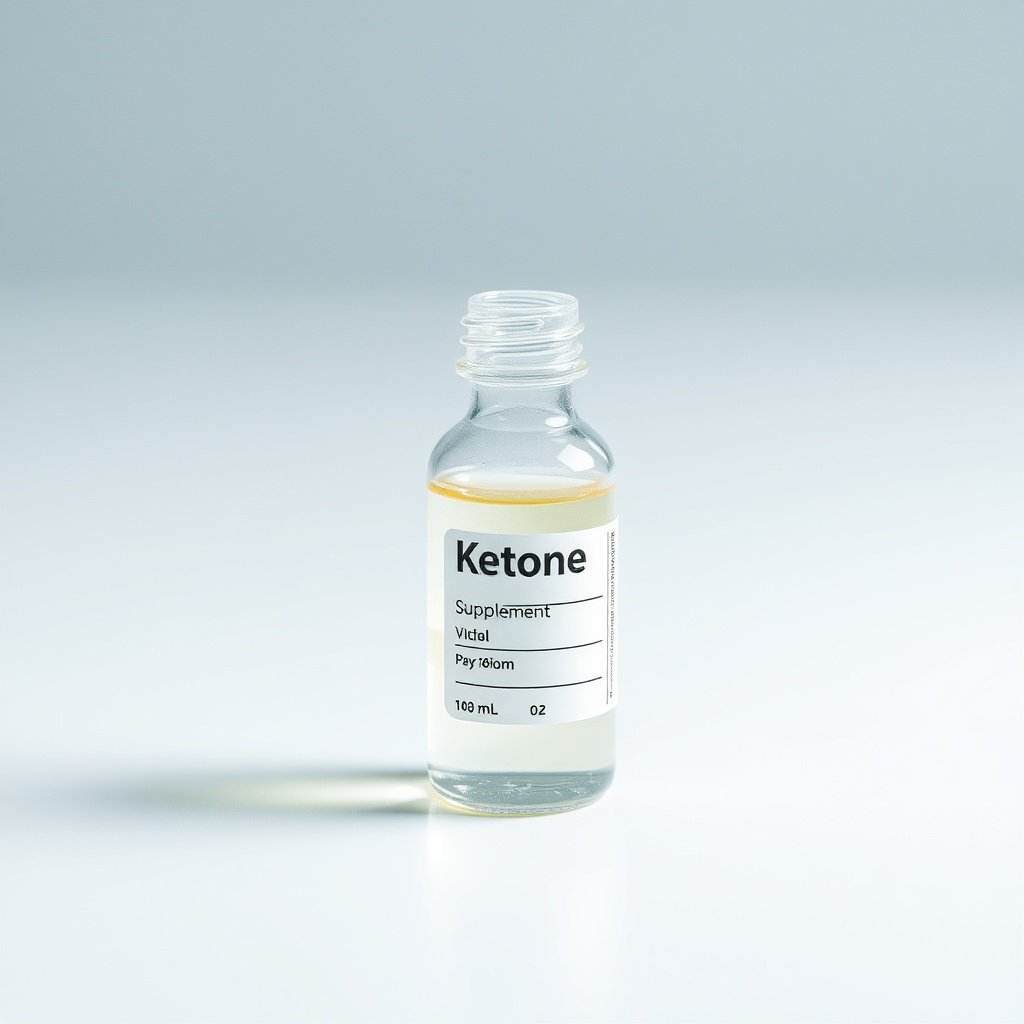 scientific laboratory vial of clear ketone supplement liquid on clean white surface, clinical produc